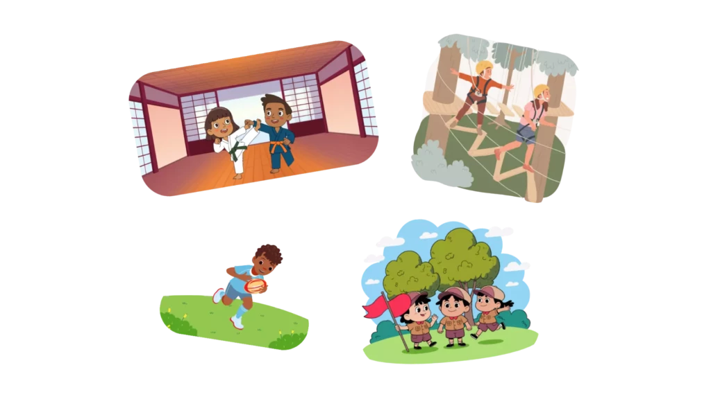 Illustration représentant les activités proposés, en autre le judo, l'accrobranche, le rugby et la randonnée