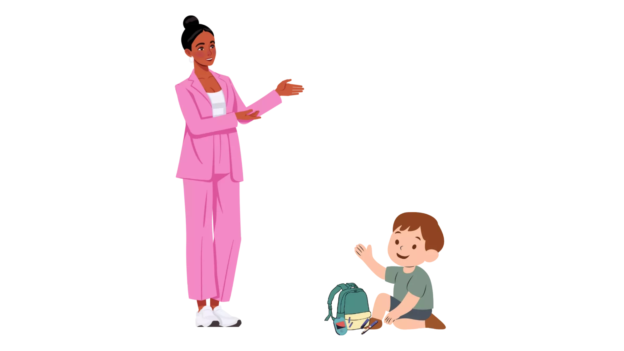 Illustration d'un enfant préparant son sac sous la supervision d'un encadrant