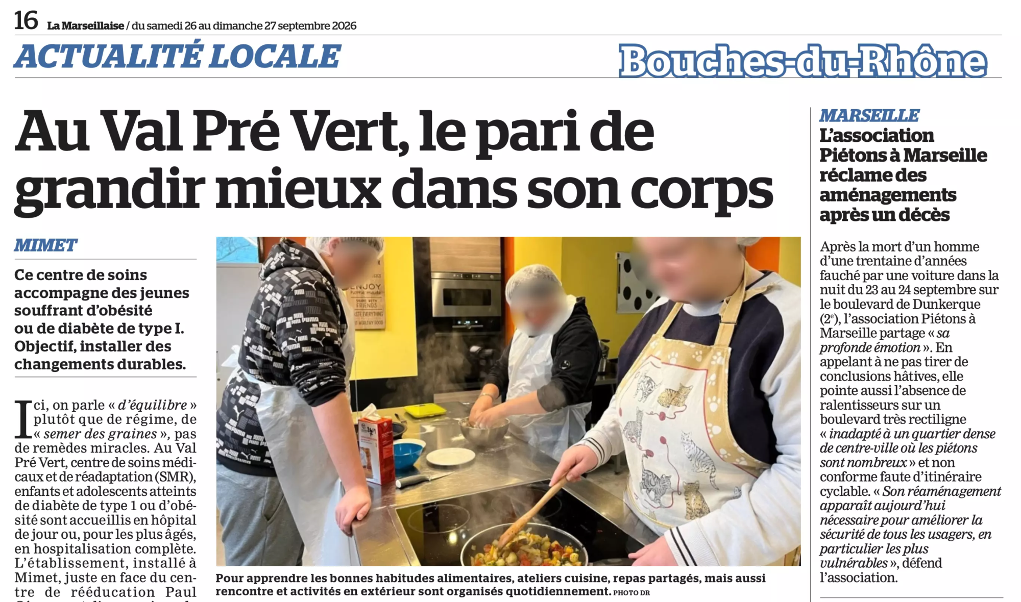 Article de La Marseillaise consacré à Val Pré Vert et à l’accompagnement des jeunes en situation d’obésité ou de diabète de type 1
